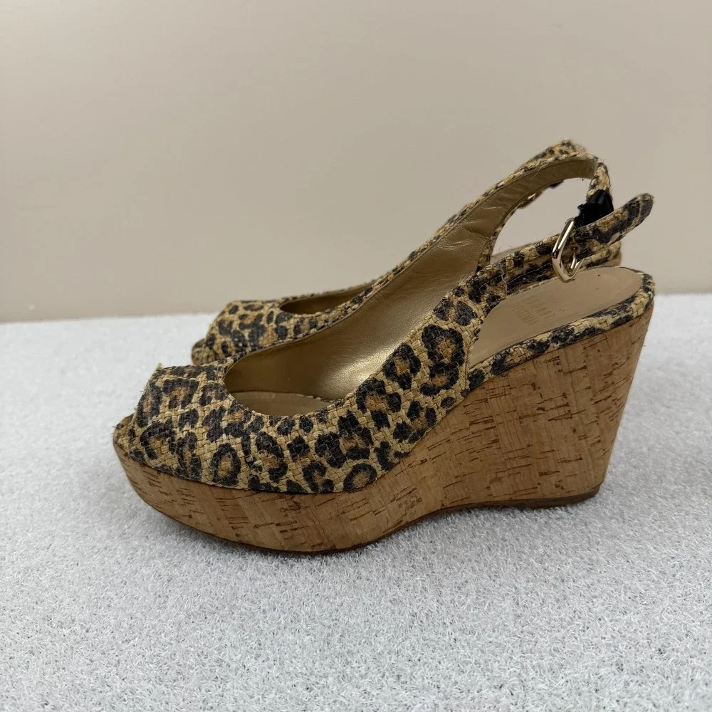 Stuart Weitzman Leopard Wedge Sandals‎ Womens Size 6.5 M Slingback Peep Toe Cork - Picture 5 of 8